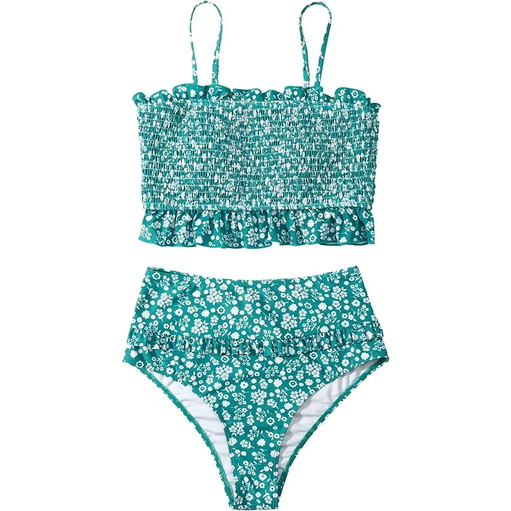NWOT Mooslover Teal High Waisted Bandeau Bikini Two Piece Swimsuit, Women's M - Picture 1 of 10